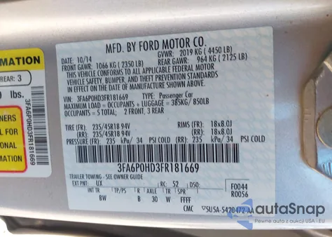 2015 Ford Fusion Se z USA, uszkodzony, nr VIN 3FA6P0HD3FR181669